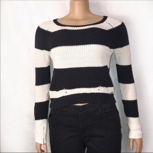 90s Guess Sweater Ribbed Striped White Black Chunky Knit eyelets Size S
